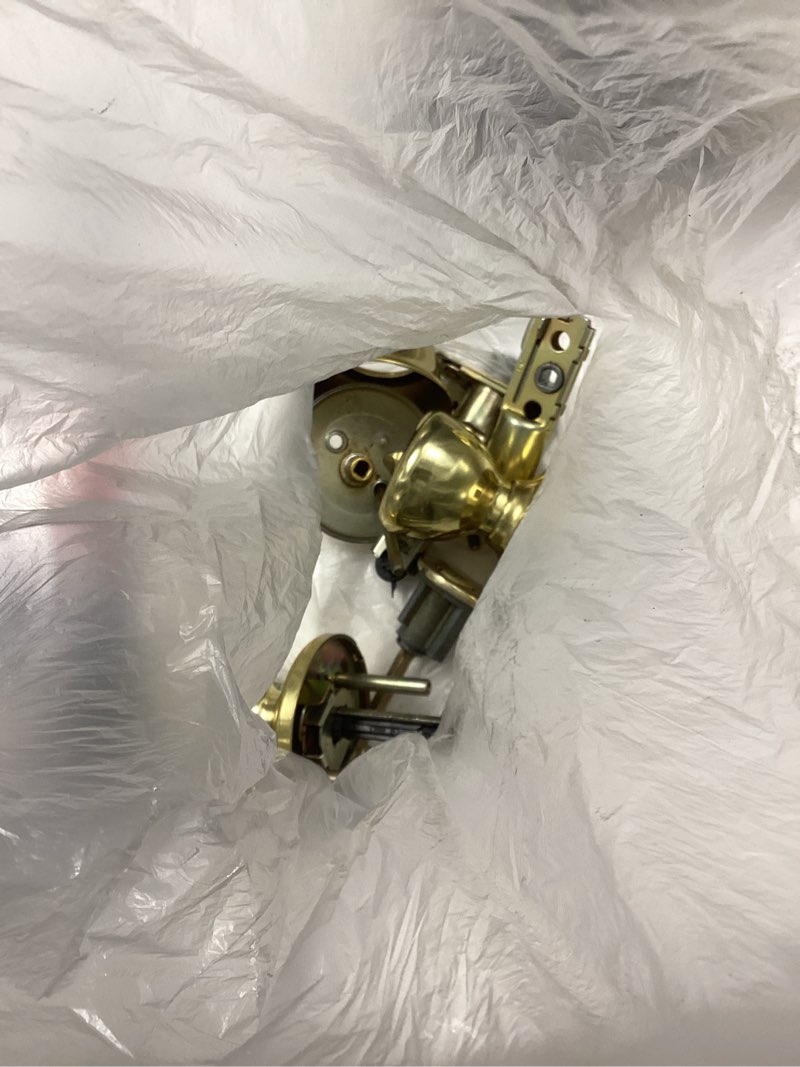 Condition photo showing As Is for kwikset tylo polished brass exterior single-cylinder deadbolt and keyed entry door knob