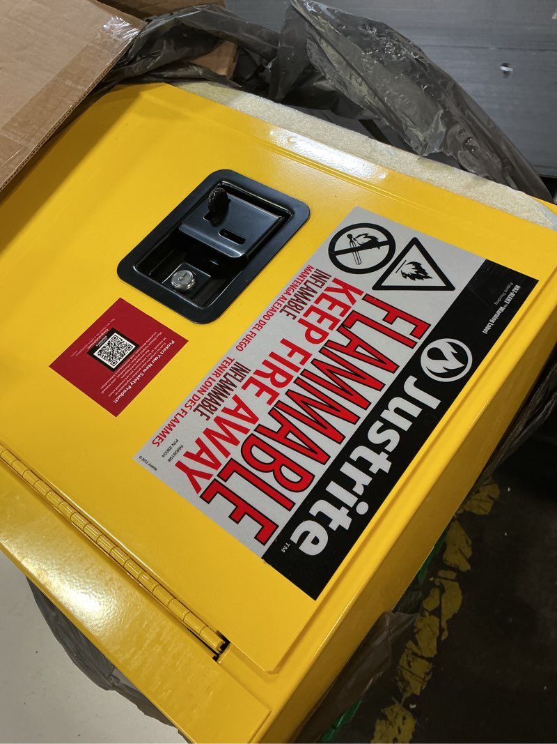 Condition photo showing Good Condition for justrite 12 gallon manual close countertop flammable storage cabinet, 18 gauge steel, 1 shelf, 1 door fire cabinet, 35" x 23" x 18", made in the usa, yellow, 891200 manual-close 12 gallon yellow