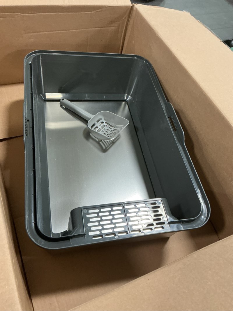 Condition photo showing As Is for Enclosed Stainless Steel Cat Litter Box with Lid, XL Extra Large Litter Box for Big Cats, Metal Litter Pan High Sided, Never Absorbs Odors, Anti-Urine Leakage, Easy Cleaning, Include Scoop B--Dark Gray