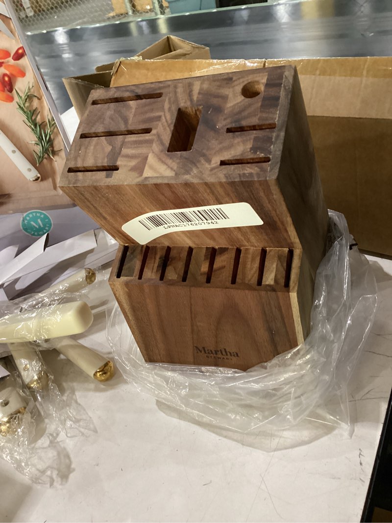 Condition photo showing New/Like New for martha stewart knife block set 16-piece - lockton high carbon stainless steel forged full tang chef knives, acacia wood block, triple riveted handles, linen white & gold linen w/ gold knife block
