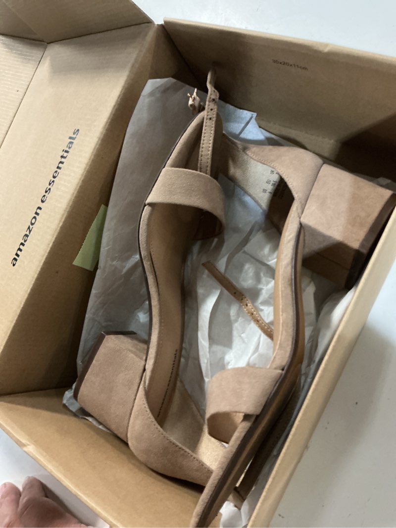 Condition photo showing Good Condition for (size 9)amazon essentials women's two strap heeled sandals with adjustable ankle strap, padded memory foam insole