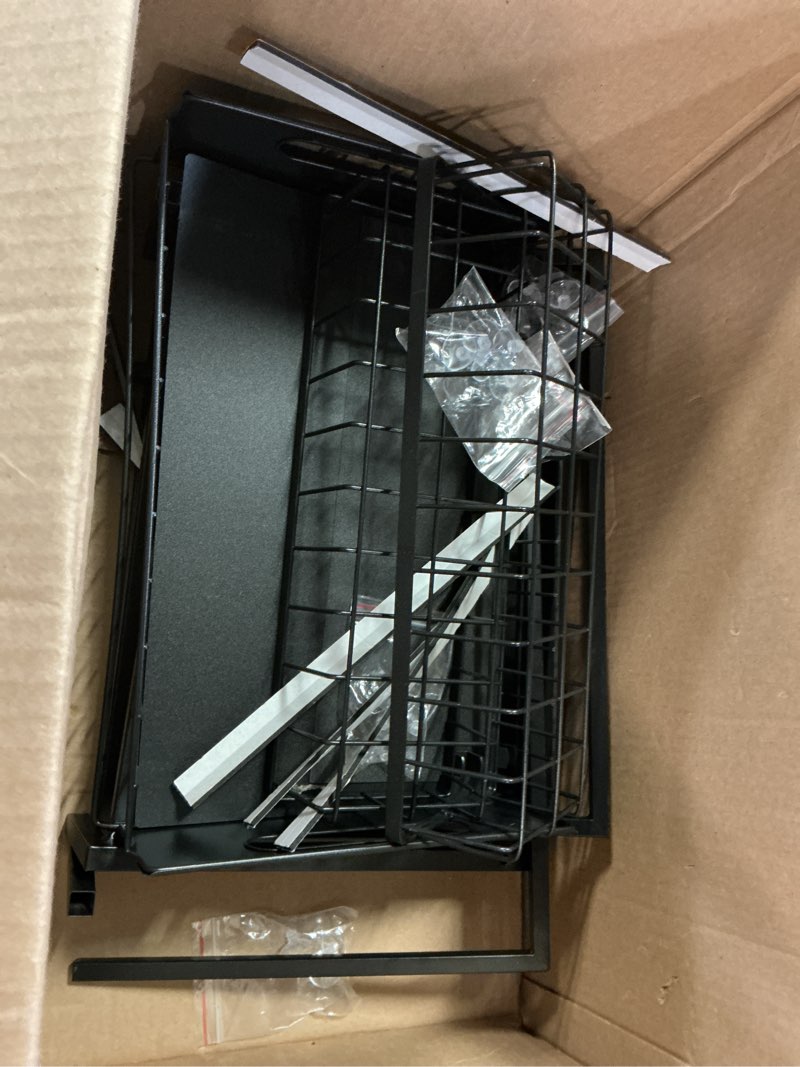 Condition photo showing As Is for REALINN Under Sink Organizer, Pull Out Cabinet Organizer Slide Out Sink Shelf Cabinet Storage Shelves, Storages for Kitchen Bathroom, Black, 2 Pack Black 2 Pack