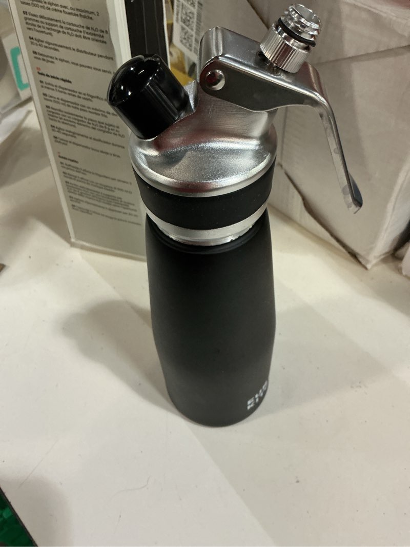 Condition photo showing New/Like New for eurkitchen professional aluminum whipped cream dispenser - leak-free whip cream maker canister with 3 decorating nozzles & cleaning brush - 1-pint / 500 ml - n2o chargers (not included) aluminum black