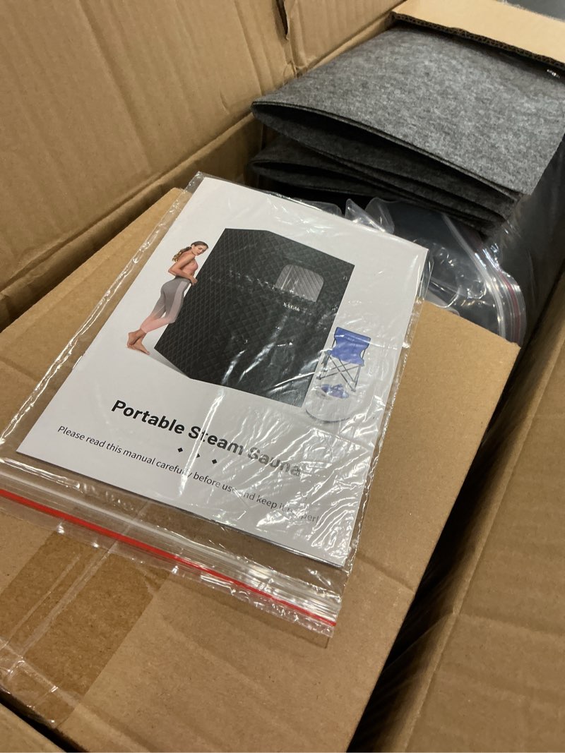 Condition photo showing New/Like New for Upgraded Sauna Box for Relaxation, Detoxification, Portable Sauna for Home with Steamer, Remote Control, Folding Chair, 9 Levels, 2.6’ x 2.6’ x 5.9’ Black