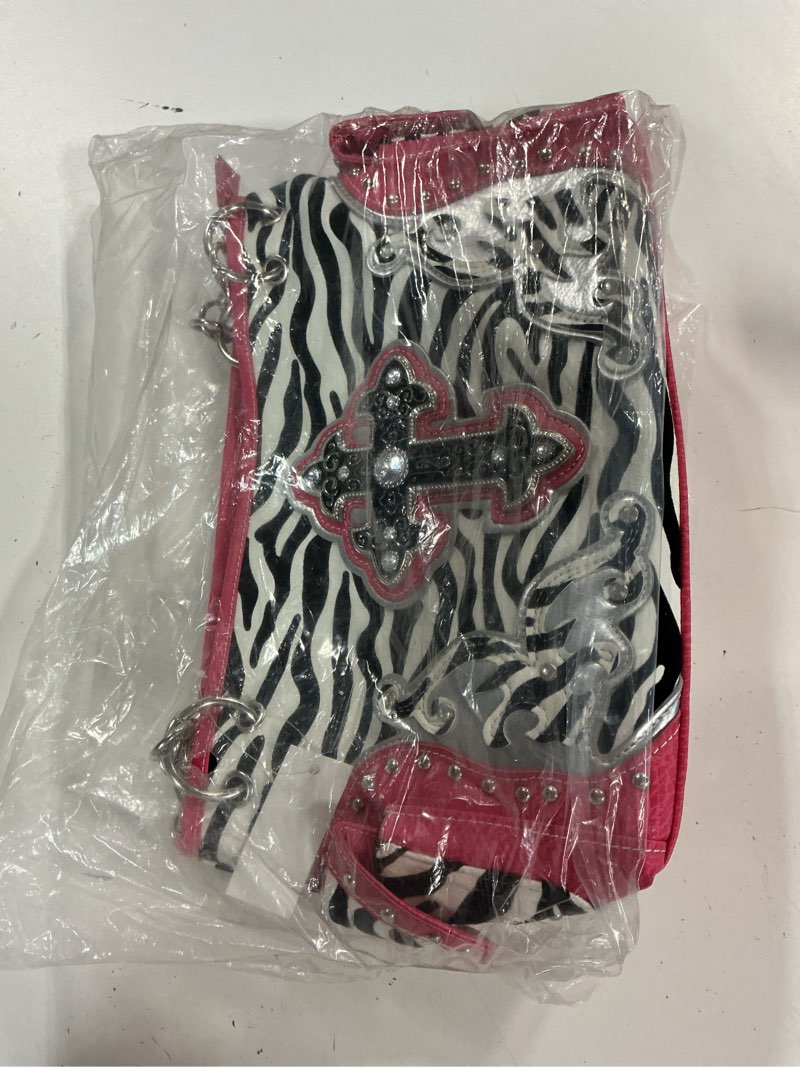 Condition photo showing Good Condition for justin west cross embroidery pink zebra leather concealed carry handbag 