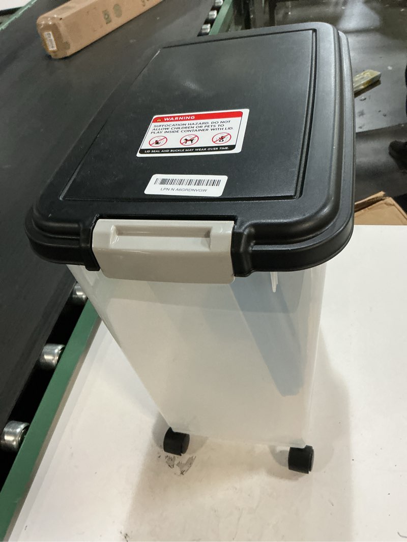 Condition photo showing Good Condition for IRIS USA Dog Food Storage Container, 30 lbs & 11 lbs Combo, Cat Food Storage Container, Dog Treat Container, Airtight, Stackable, 2-Cup Scoop, Wheels, Easy Mobility, Black 30 lbs + 11 lbs Black