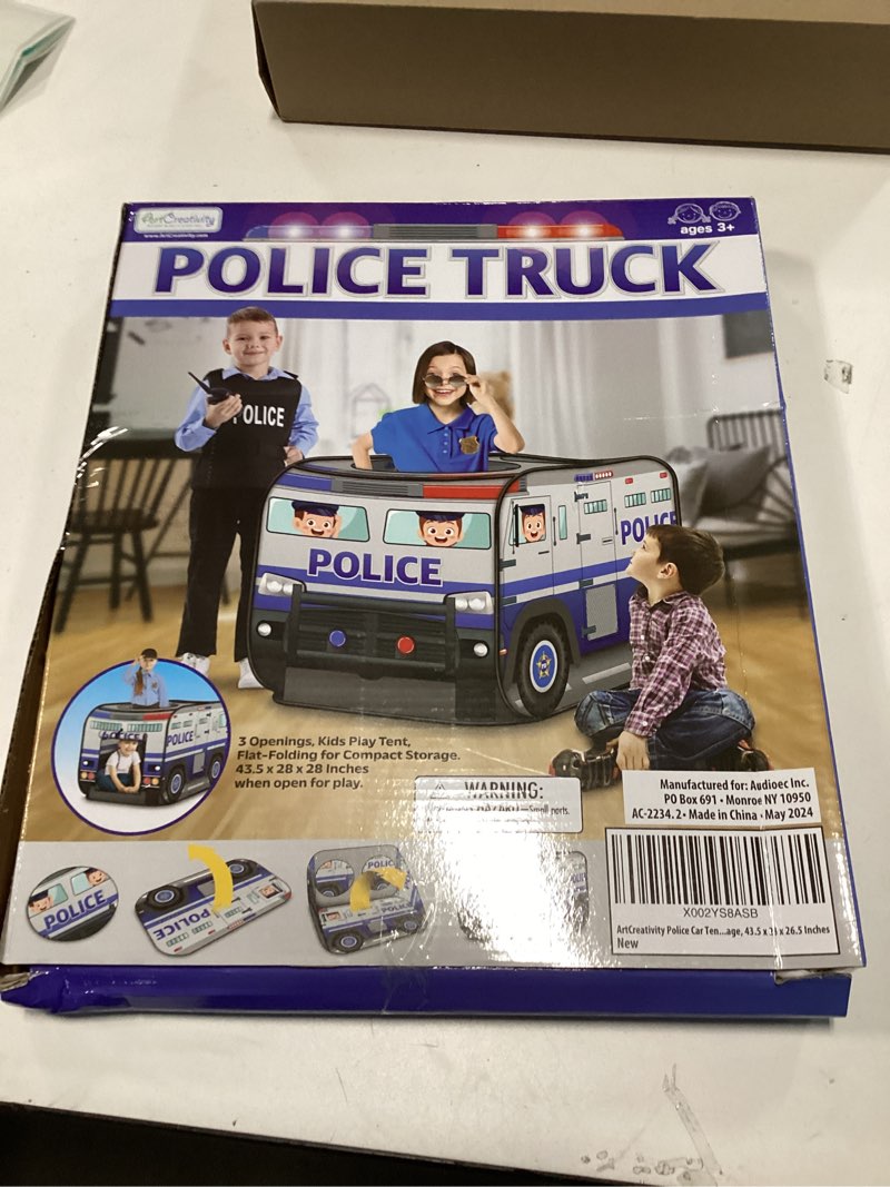 Condition photo showing New/Like New for ArtCreativity Police Car Tent with Carry Bag, Pop Up Indoor Truck for Kids, Police Officer Outdoor Playhouse, Flat-Folding Kids Play Tent for Interactive Fun, Compact Storage Vehicle Toy