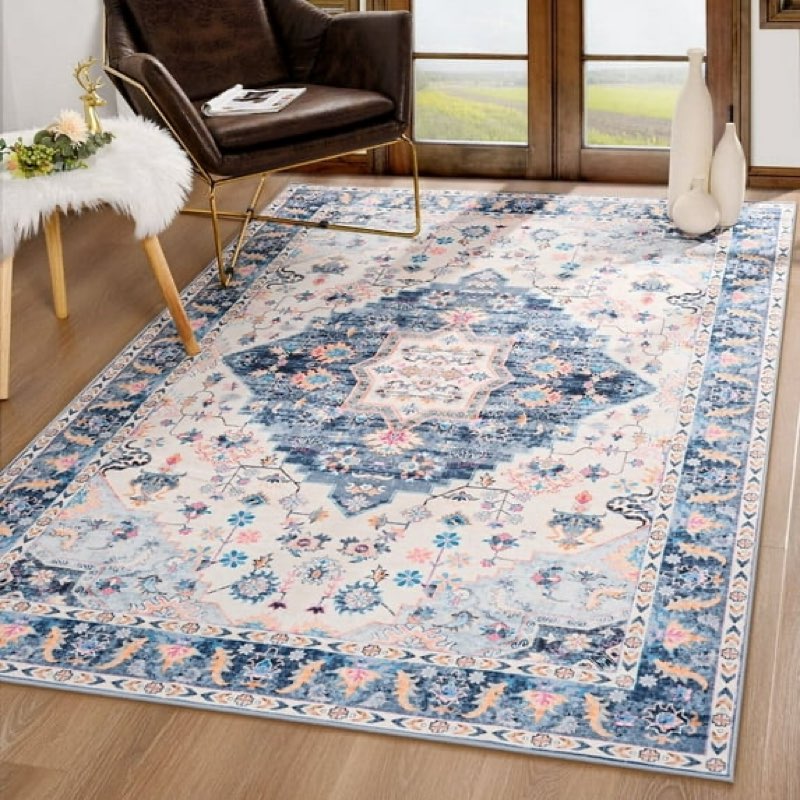 (Color similar to the file photo)) Woottpe Vintage Design Area Rugs for Living Room, 6x9 Machine Washable Floral Traditional Bedroom Ru