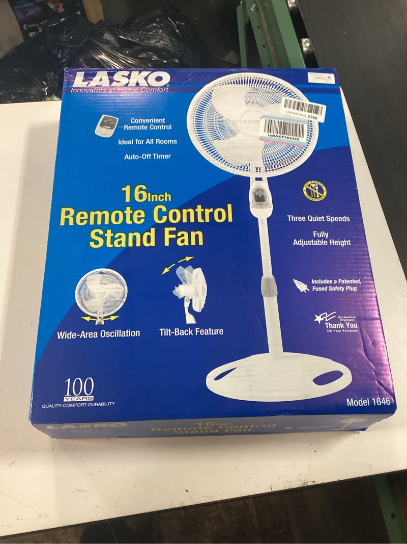 Condition photo showing New/Like New for lasko oscillating adjustable pedestal stand fan with timer and remote for indoor, bedroom, living room, home office & college dorm use, 16 inch, white, 1646 white fan