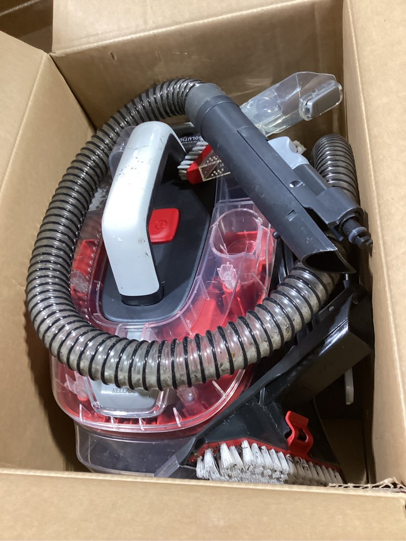 Condition photo showing As Is for hoover cleanslate plus portable carpet + upholstery spot cleaner machine, powerful suction with versatile tools, pet stain remover, car and auto detailer, pair with hoover carpet cleaner solution