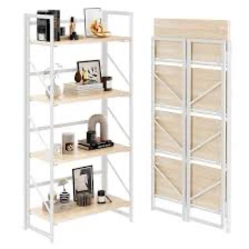 JSB No Assembly Folding Bookshelf, 4 Tier Industrial Metal Book Shelf for Storage, Vintage Wood Fold