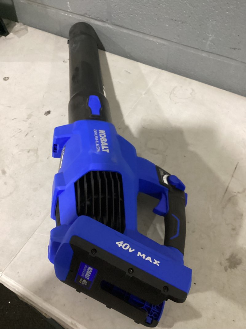 Condition photo showing As Is for kobalt gen4 40-volt 520-cfm 120-mph battery handheld leaf blower battery and charger not included