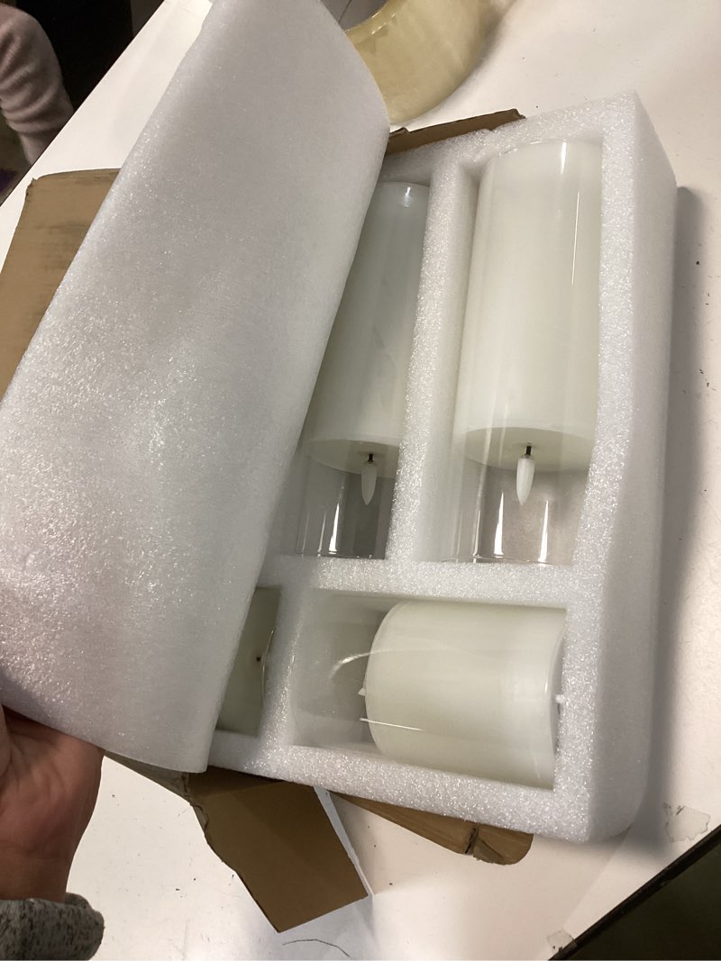 Condition photo showing New/Like New for Rechargeable Flameless Candle, Flashing LED Pillar Real Wax Candle with Remote Control and Timer, Teardrop Wick, Clear Glass Electronic Candles, 1 Set of 5 White Glass -Droplet 5P