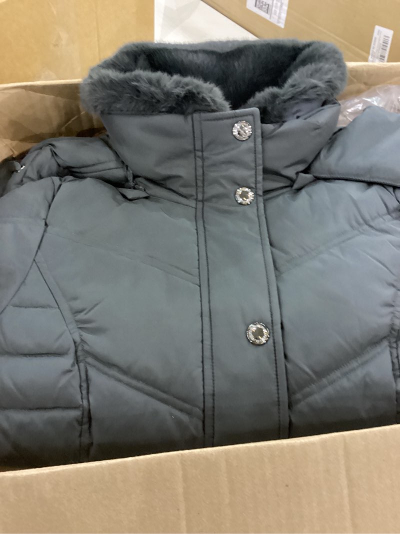 London Fog Women's Chevron Coat with Faux Fur Trimmed Hood, Gunmetal, X-Small