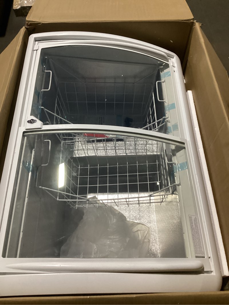 Condition photo showing Good Condition for frigidaire commercial chest freezer for ice cream and frozen foods, store displayer, glass top storage case, 9 cu. ft. bin, rolling caster wheels, adjustable temperature, energy efficient cooling 9 cu ft
