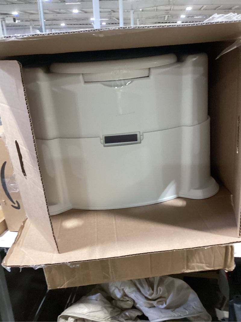 Condition photo showing As Is for bedside commode, upgraded commode toilet potty chair with 3 rolls of commode liners, automatic led light, detachable armrests, 2-level height, heavy duty 880lbs loading green