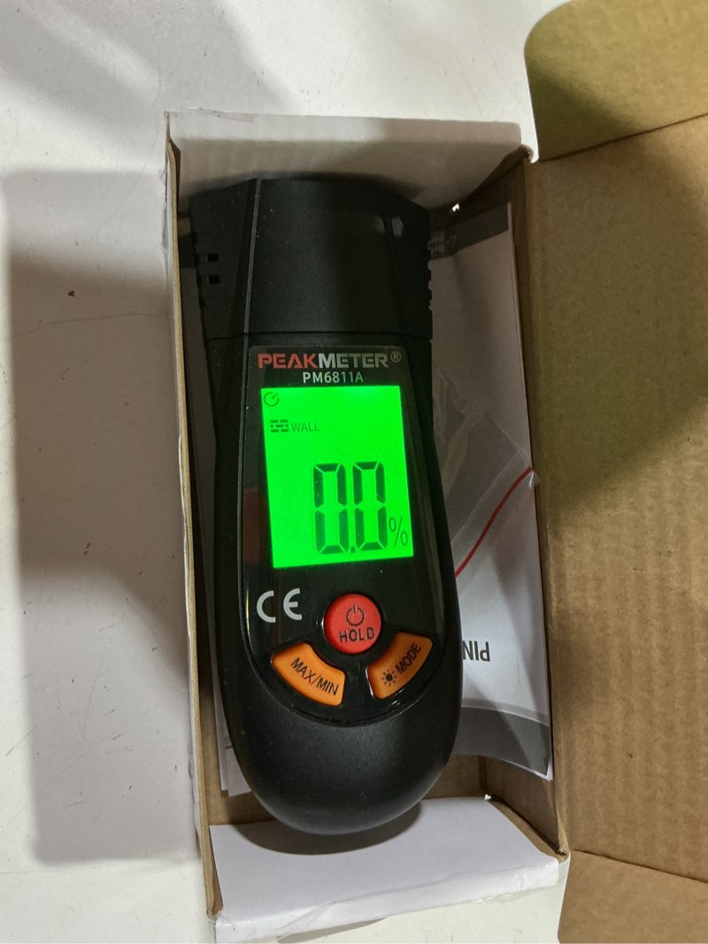 Condition photo showing New/Like New for wood moisture meter, with battery and lcd display, suitable for quick determination of moisture content of many types of logs, paper, plywood, plaster walls, floor coverings, etc.