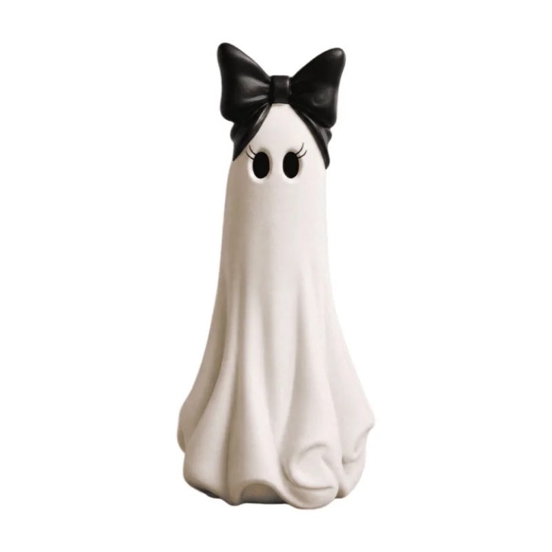 halloween cute black bow ghost tabletop ornament, texas style 20 inch white ghost statue for living room porch shelf seasonal display decoration