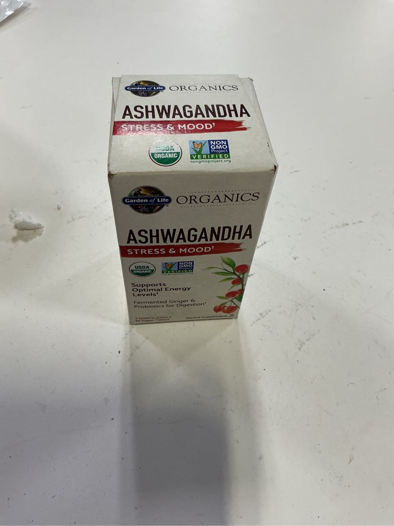 Condition photo showing New/Like New for (Best used by 03 / 2026 ) Garden of Life Organic Ashwagandha Supplement with Probiotics & Ginger - Stress, Mood & Energy Support, Vegan, Gluten Free, Non GMO, 2 Month Supply, 60 Tablets Unflavored 60 Count (Pack of 1)