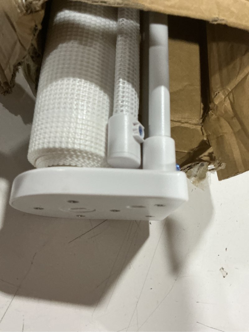 Condition photo showing As Is for reinforced 48" extra tall baby gate with support rods, 4 ft tall retractable gate for dogs 55" wide pet gates for doorways mesh cat gate - prevent baby/pet from jumping over, white white reinforced 48" tall x 55" wide