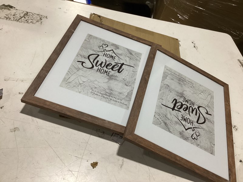Condition photo showing Good Condition for 11x14 picture frame set of 2, made of real glass and rustic brown wooden frame, display 8x10 pictures with mat or 11 x 14 posters without mat for wall mounting, gallery photo frames rustic brown 11x14 in