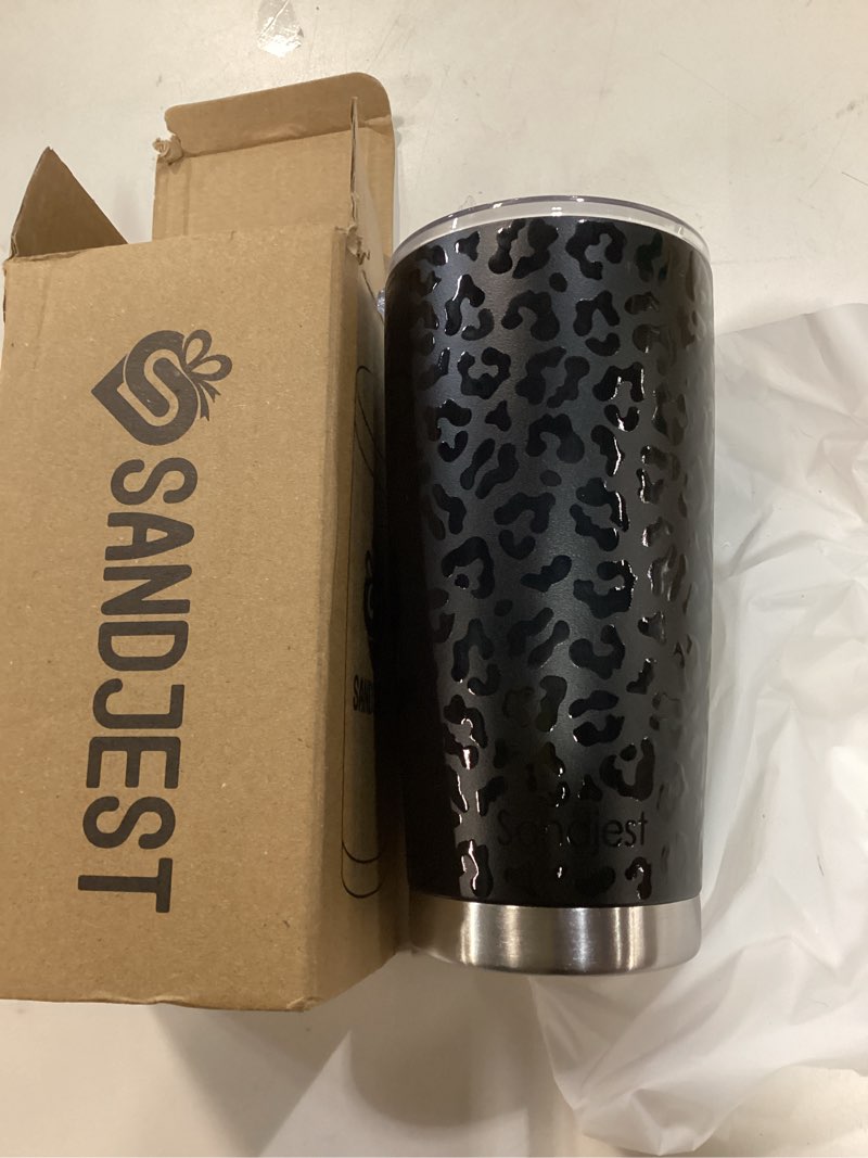 Condition photo showing New/Like New for SANDJEST Leopard Print Tumbler 20oz Stainless Steel Insulated, Black Leopard Travel Coffee Cup, Bow Gifts for Women Girls Teen, Birthday Christmas