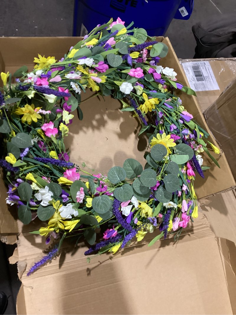 Condition photo showing New/Like New for J'FLORU Spring Wreath 24 Inch Summer Wreaths for Front Door Artificial Flower Wreath with Daisy and Lavender for Indoor Outdoor and Easter Celebration