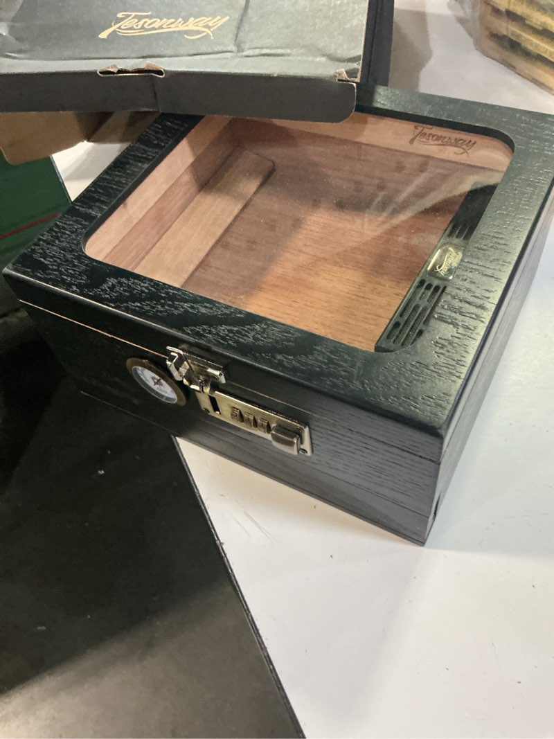 Condition photo showing Good Condition for tesonway cigar humidor, cedar wood humidor cigar box, glass top desktop humidor with front hygrometer, humidifier, divider, accessories drawer and combination lock, cigar gifts for men (black) black_amui-29