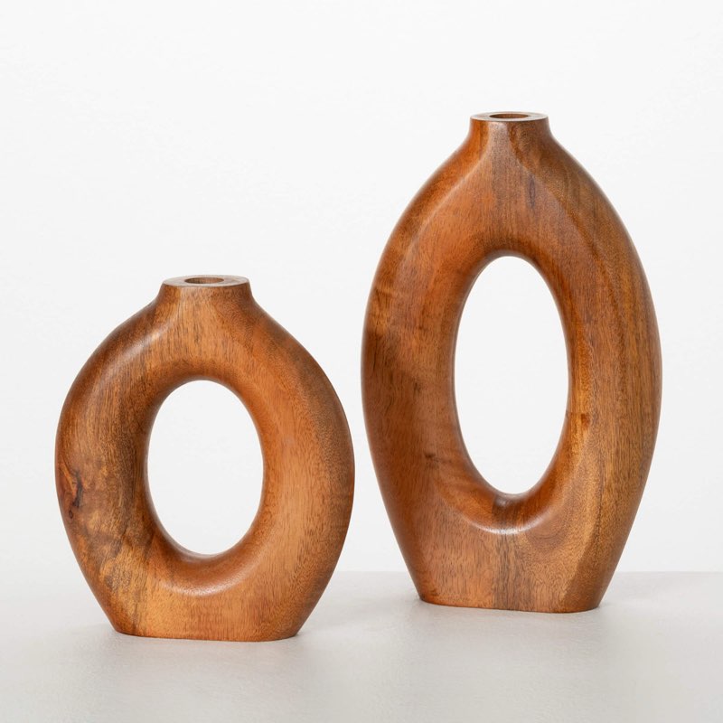Hollow Mango Wood Vase Set, 12.75"H & 9"H; Brown (Set of 2)