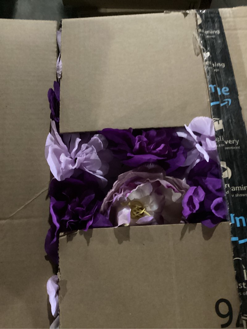 Condition photo showing Good Condition for Flower Wall Backdrop 9pcs 16.5x16.5 Inch Flower Wall Decor Artificial Floral Wall Panel Ideal for Wedding Celebrations, Festive Party Birthday Backdrops and Elegant Home Decor Purple 9