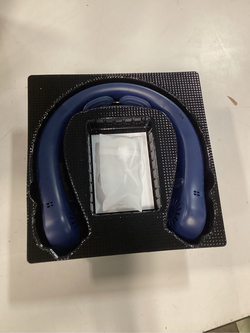 Condition photo showing New/Like New for portable neck fan - rechargeable personal fan with neck support, 5000mah, 5-speed quiet, lightweight long lasting bladeless fan, wearable cooling fan for hot flashes, travel, gifts for men women navy blue