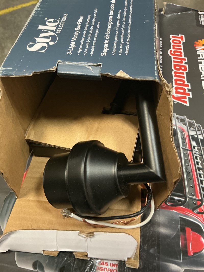 Condition photo showing As Is for Style  SELECTIONS  3-Light Vanity Bar Fitter  Black Finish  Shades Sold Separately