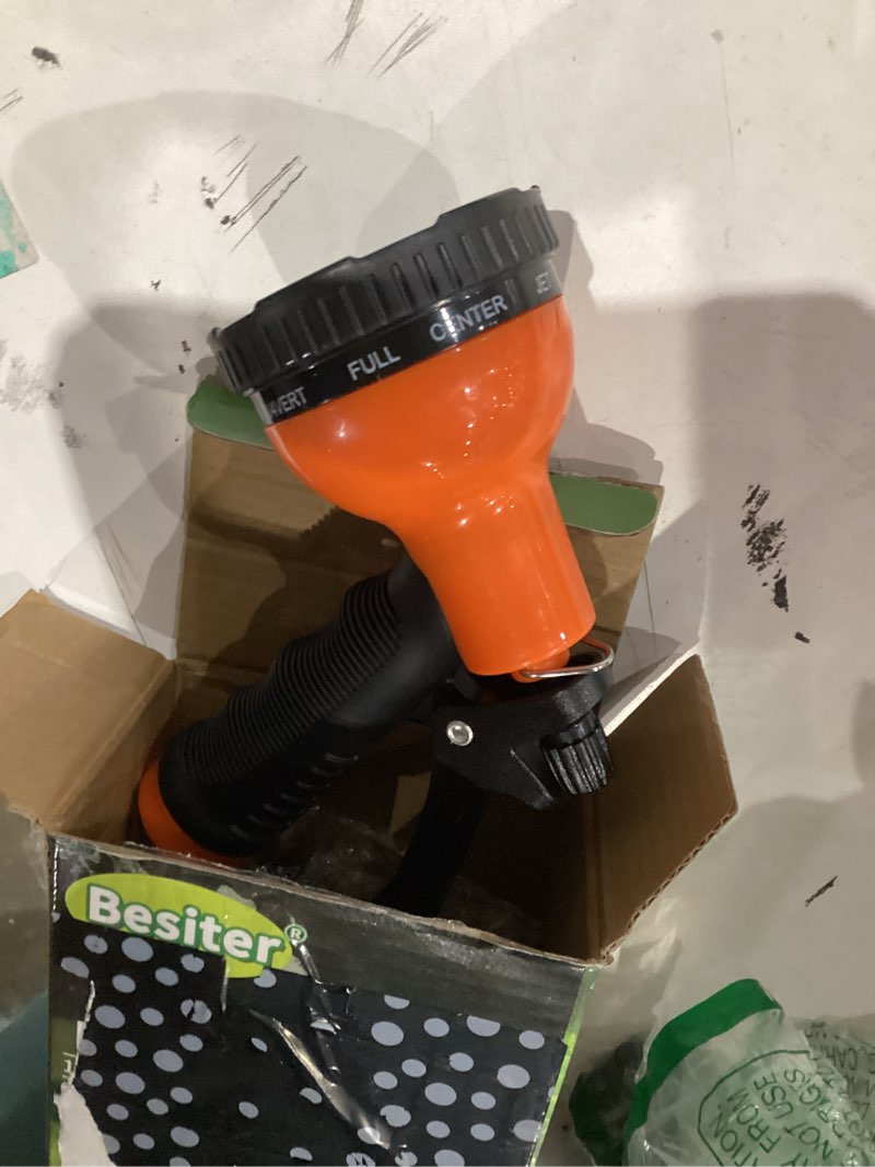 Condition photo showing As Is for garden hose nozzle sprayer: 2 pack 10 watering patterns spray nozzles heavy duty hose head hose attachment blue orange