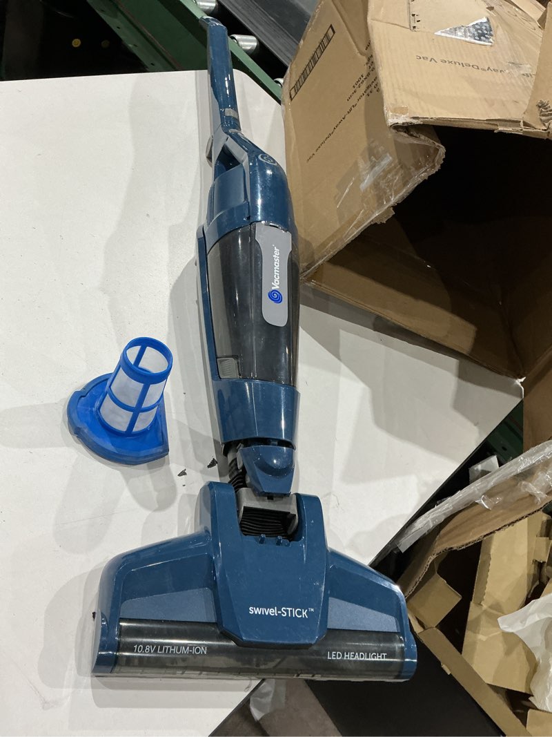 Condition photo showing As Is for vacmaster portable 10.8v 2-in-1 cordless stick lightweight vacuum cleaner with 2-speed power control and led headlight for hardwood floor, carpet & pet hair, blue
