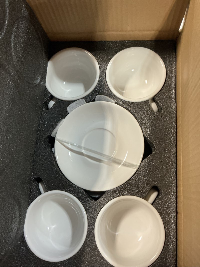 Condition photo showing Good Condition for le tauci 8 oz cappuccino cups with saucers, set of 4 large ceramic coffee cup set for latte, au lait, flat white, mocha, tea cup set, dishwasher safe, embossed coffee cups, white white 8 oz
