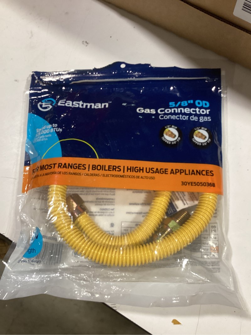 Condition photo showing As Is for EASTMAN 48-in 1/2 -in MIP Inlet x 3/8 -in MIP Outlet Corrugated stainless steel Gas dryer connector/Opened
