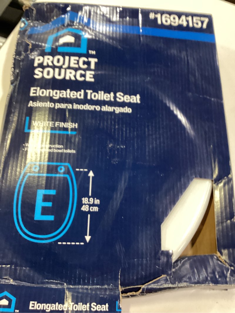 Condition photo showing As Is for highcraft premium elongated toilet seat with adjustable hinges - molded plastic toilet seat - fits standard elongated toilets - oval seat in white elongated white