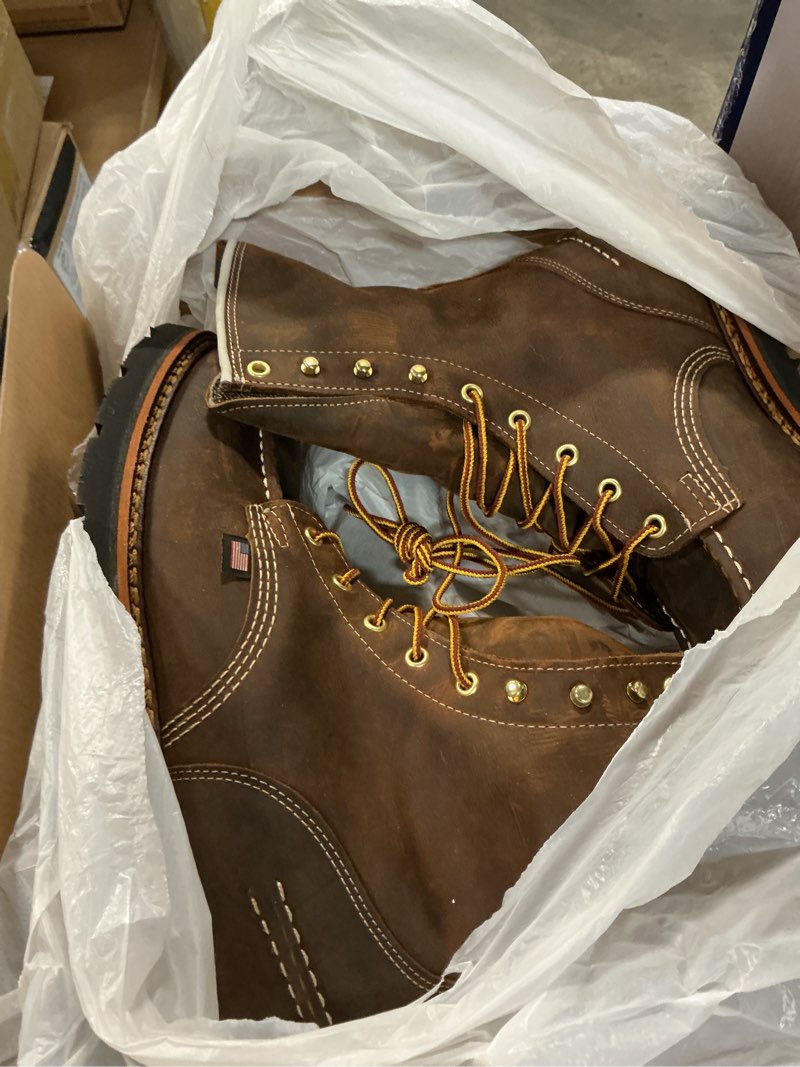 Condition photo showing Good Condition for thorogood 1957 series 8” waterproof moc toe work boots for men - soft toe, full-grain leather with comfort insole and slip-resistant heel outsole; eh rated 11.5 wide crazy horse