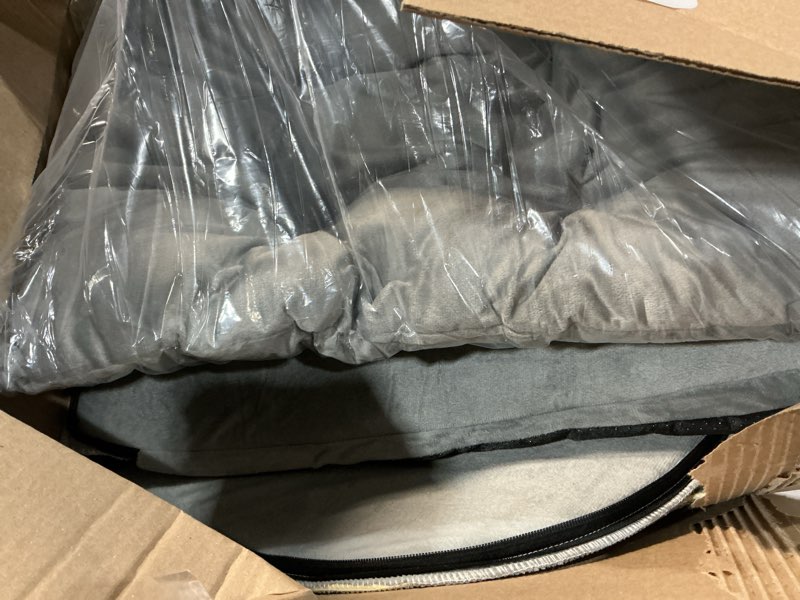 Condition photo showing As Is for Jiupety Cute Small Dog Cave Bed with Door Curtain Design, Dog House with Reversible Washable Cushion, L Size Portable Puppy House, Cartoon Style Hut Up to 22lbs, Non-Slip Bottom, Grey Large(24"*17.8"*17.8")