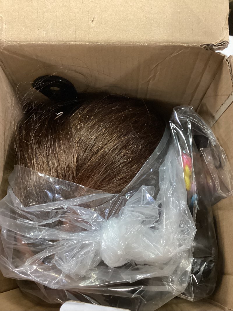 Condition photo showing As Is for 20" Mannequin Head Human Hair,100% Real Hair Mannequin Head,Cosmetology Human Hair Mannequin Doll Head for Hair Styling,Practice Braiding Styling Head with Table Clamp Suitable for Hair Extensions dark brown
