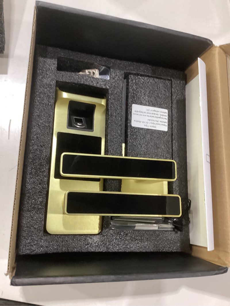 Condition photo showing As Is for harfo smart door lock, heavy duty 5 in 1 keyless entry door lock, full app control digital keypad lock, reversible handle with fingerprints and passcodes for family/office/apartment (gold)