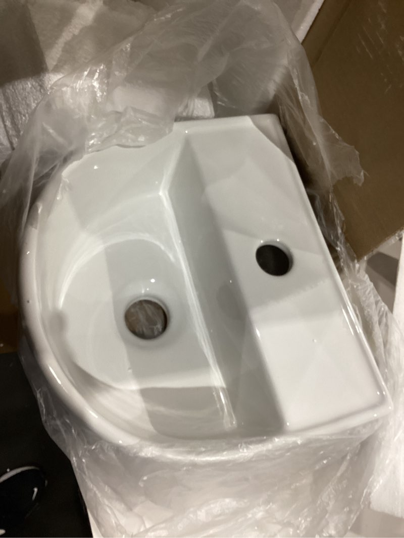 Condition photo showing Good Condition for wall hung bathroom vessel sink, qishka 12.5" x 11.5" semi-oval floating ceramic wash hand basin white wall mount vanity sink for small bathroom and small cloakroom white 12.5" x 11.5" x 5.2"