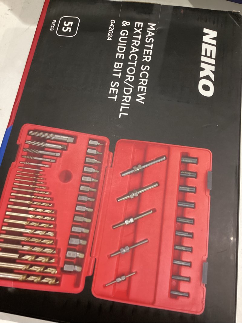 Condition photo showing Good Condition for NEIKO 04202A Master Screw Extractor | 55 Pieces Broken Bolt Remover | Multi Spline, Extractor Pins, Spiral and Nut Extractors | 5/64” to 1/2" | Stripped Screws, Studs, Fittings and Lugs Extraction Extractor Set 55 Piece