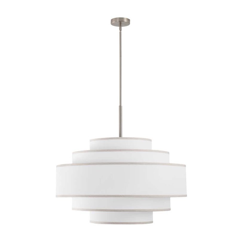 30 in. 7-light brushed nickel tiered drum chandelier with white fabric shades