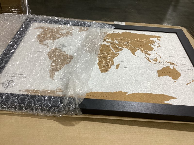Condition photo showing As Is for Push Pin World Travel Map – 30\" x 20\" Framed Cork Board Wall Art, Large Push Pin Map for Tracking Adventures, Unique Gift for Travelers, Couples, and Families