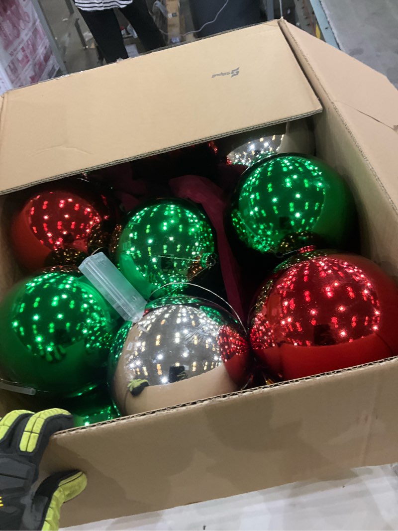 Condition photo showing As Is for 2 Pcs Lighted Giant Christmas Ball Ornament Garlands, with 18 Pcs 6" Christmas Ball Ornament, String Light, Large Velvet Bow for Outdoor Indoor Porch Xmas Tree Banister Decor(Multicolor)