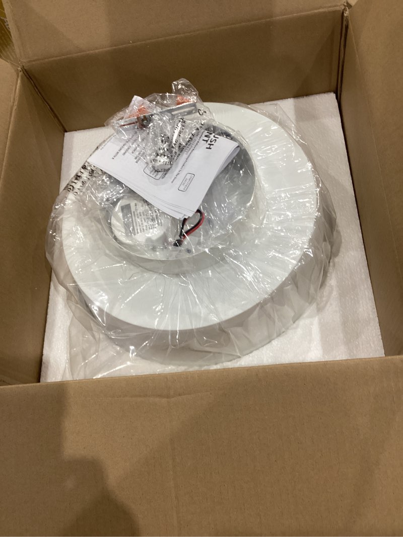 Condition photo showing New/Like New for canarm adira 14-inch led flush mount ceiling light, white acrylic drum, integrated dimmable led, modern lighting for bedroom or kitchen