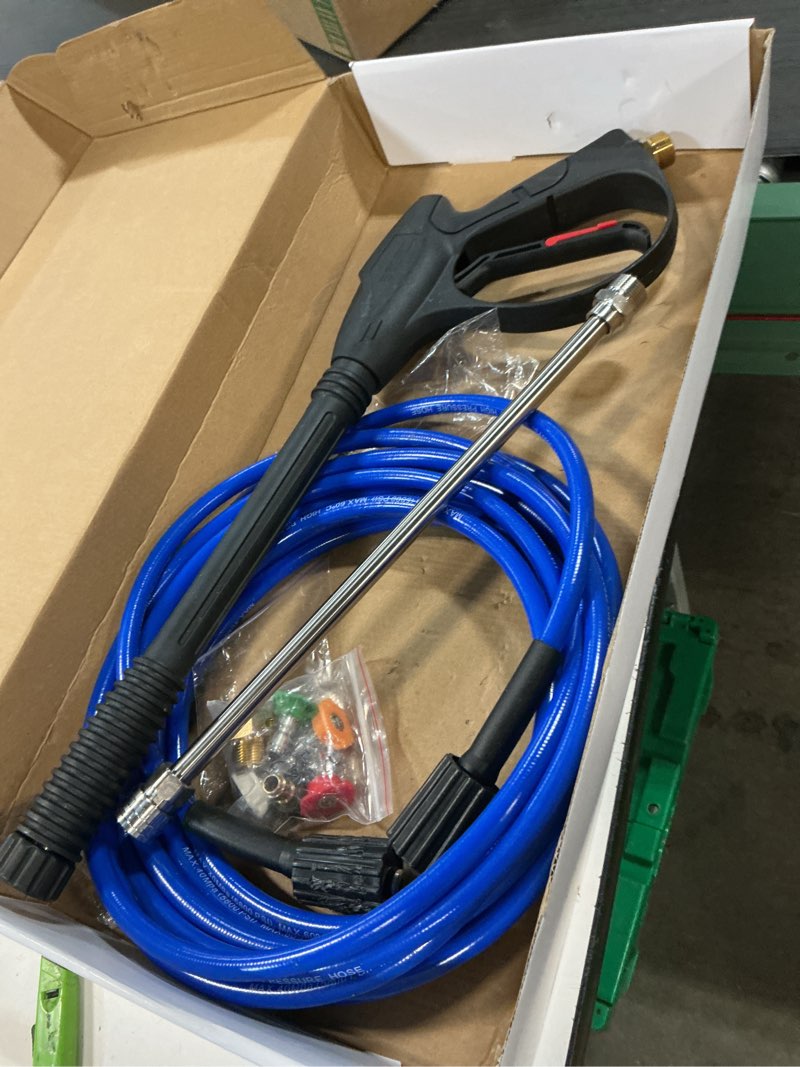 Condition photo showing As Is for feng pai pressure washer gun with 15in extension wand & 25ft hose, 5 nozzle tips quick connect, power washer hose and wand replacement, m22 14mm fitting for home car clean washing, 4000 psi, blue