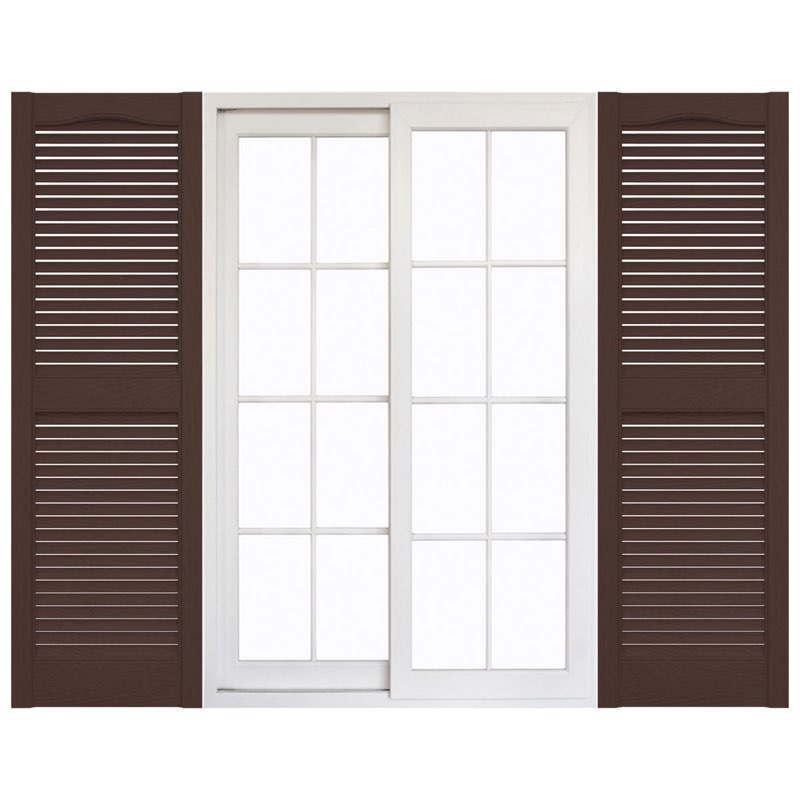 (Similar to stock photo) 12\\\"W x 75\\\"H Mid-America Vinyl, Standard Size Cathedral Top Center Mullion, Open Louver Shutter, w/Installation Shutter-Lok's & Matching Screws (Per Pair), 166 - Midnight Blue 12-in. W x 75-in. H 166 - brown 