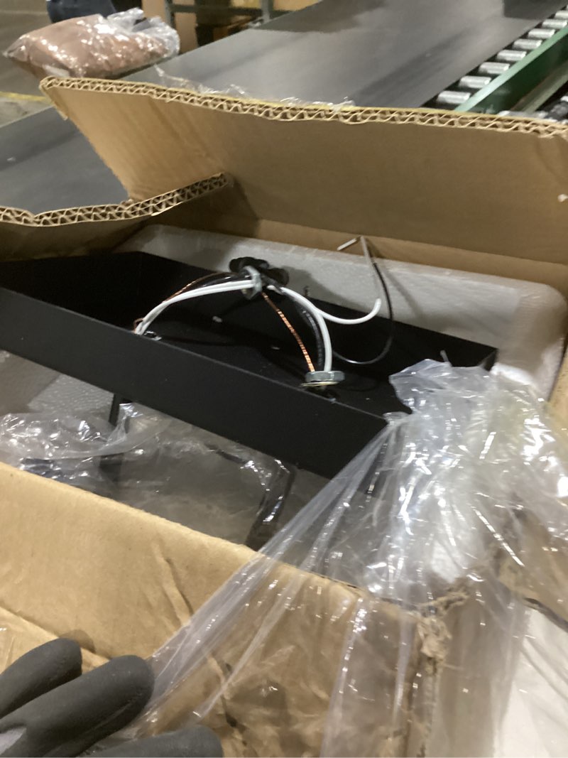 Condition photo showing As Is for 4-light bathroom vanity light fixture, matte black finish with frosted glass shades, modern bathroom light fixtures for mirror, living room, or bedroom, e26 socket matte black & milk glass 4-light